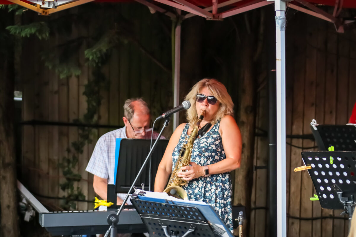 Sax and keyboard player from Not Just Sax at Swanage's Jazz Festival