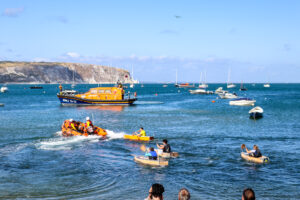 Swanage Lifeboat Week raft race in Swanage Bay