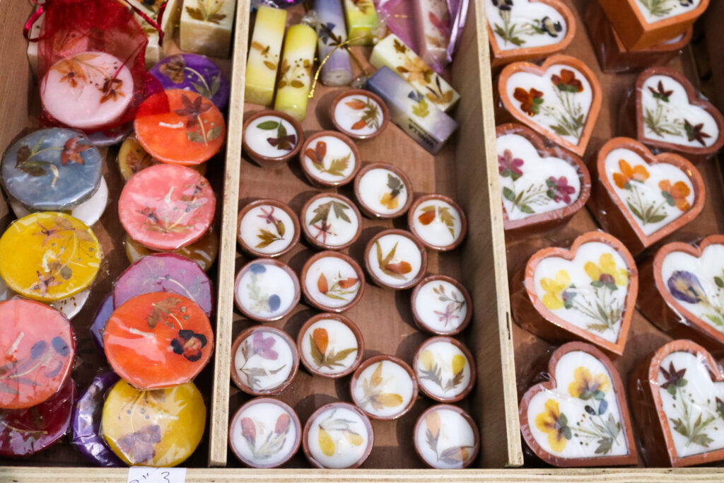 Pressed flower candles at Swanage Christmas Market