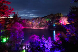 Colourful lighting display at The Blue Pool