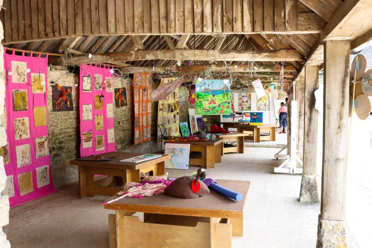 Children's art in barn for Purbeck Art Weeks Festival