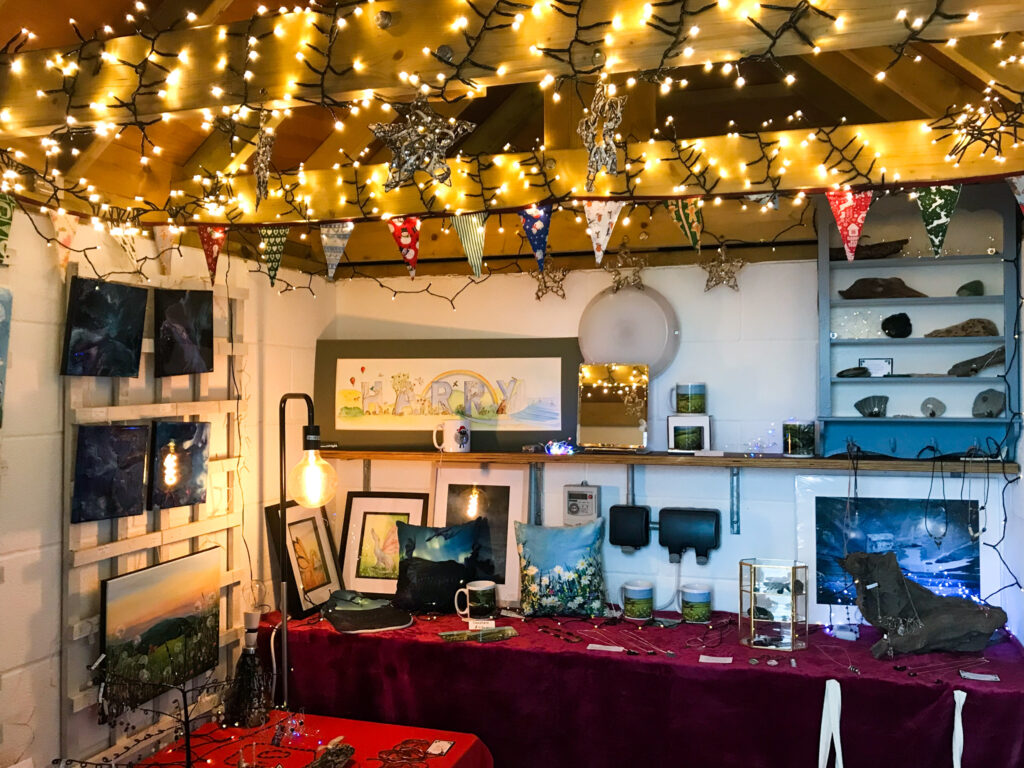 Handmade crafts inside Swanage beach huts for Christmas