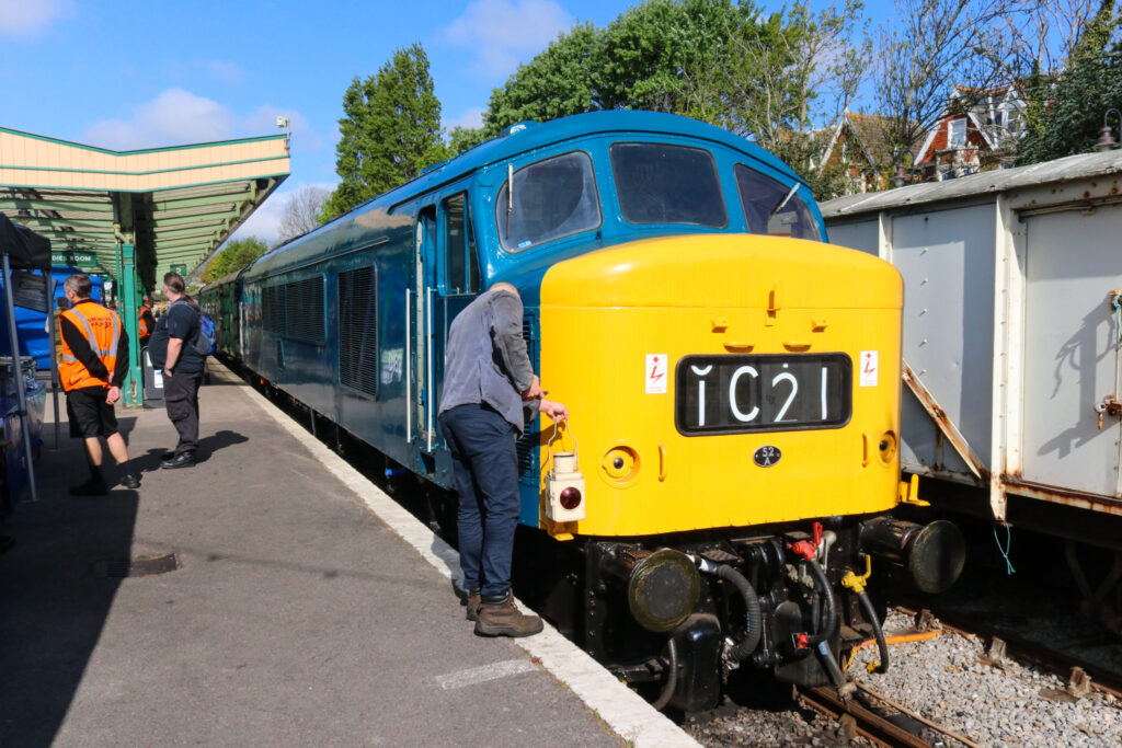 Visiting diesel loco preparing to leave Swanage Station