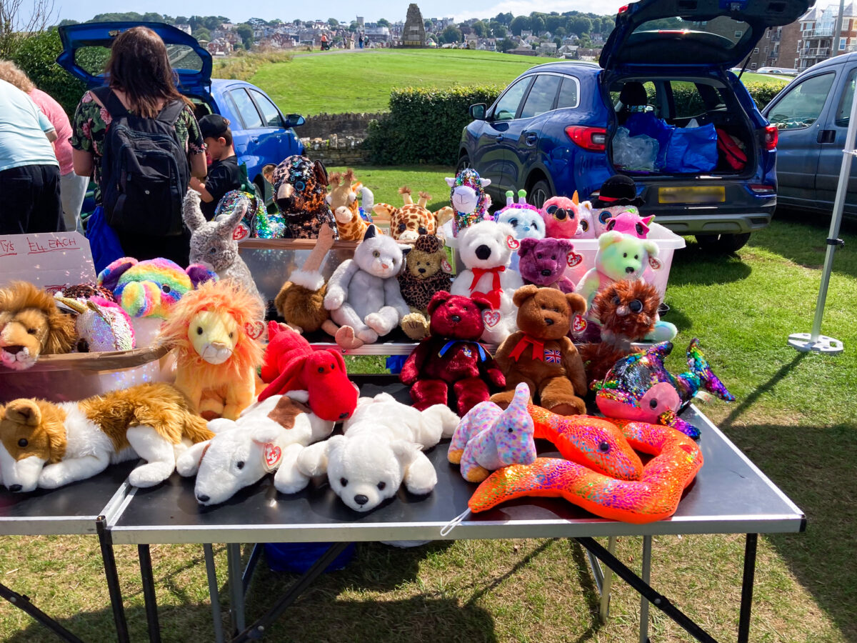 Stuffed toys display at a fete in Swanage