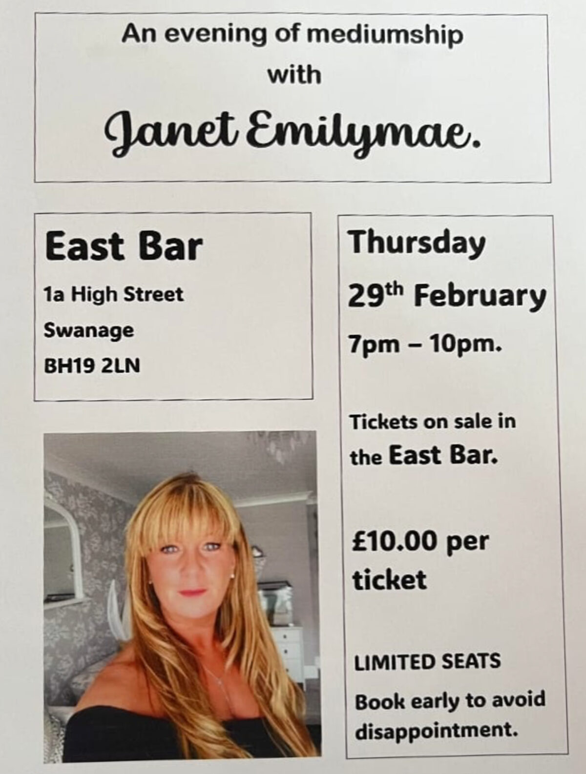 Mediumship with Janet Emilymae at East Bar flyer