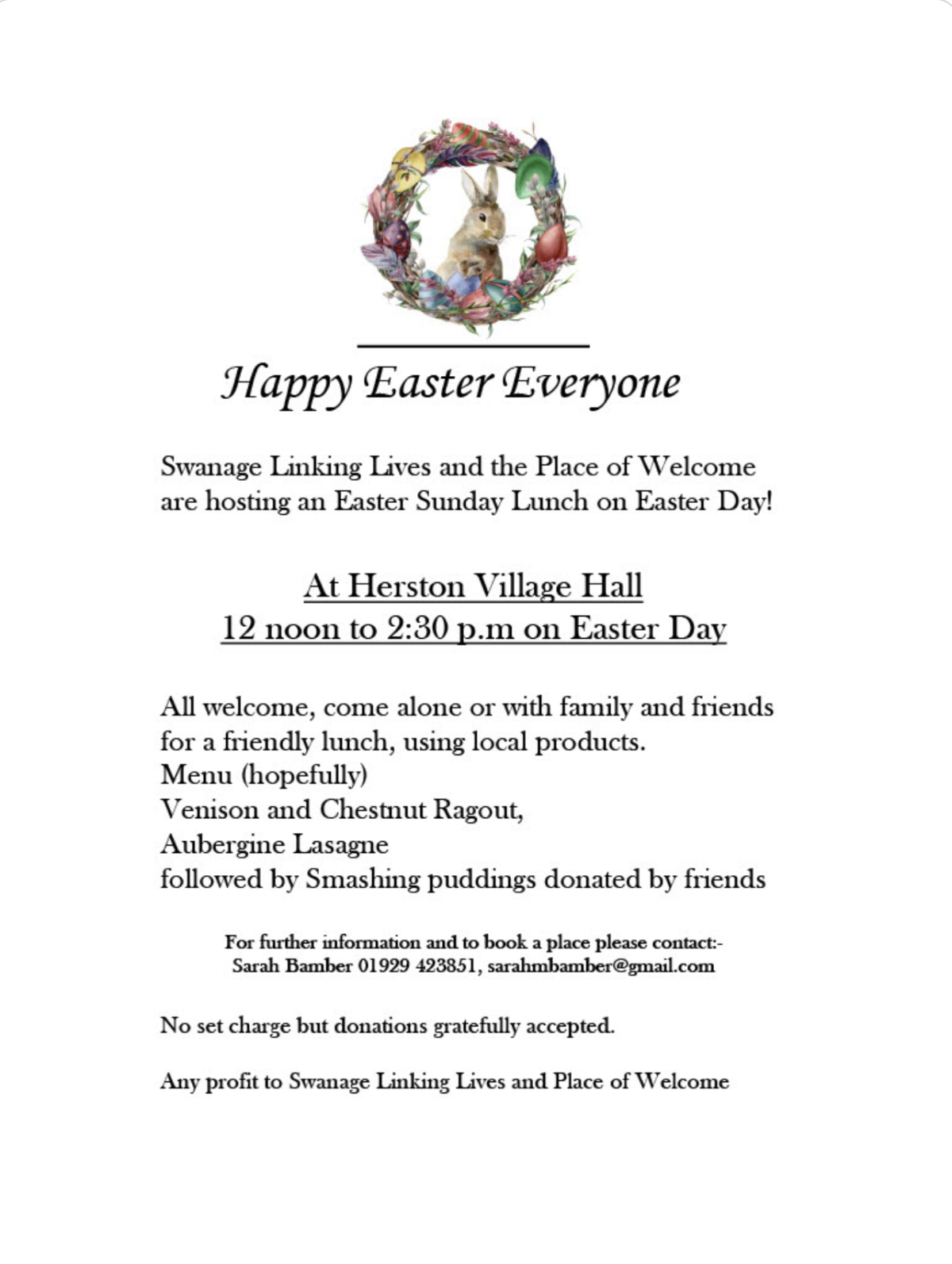 Easter Sunday lunch Swanage Linking Lives & Place of Welcome
