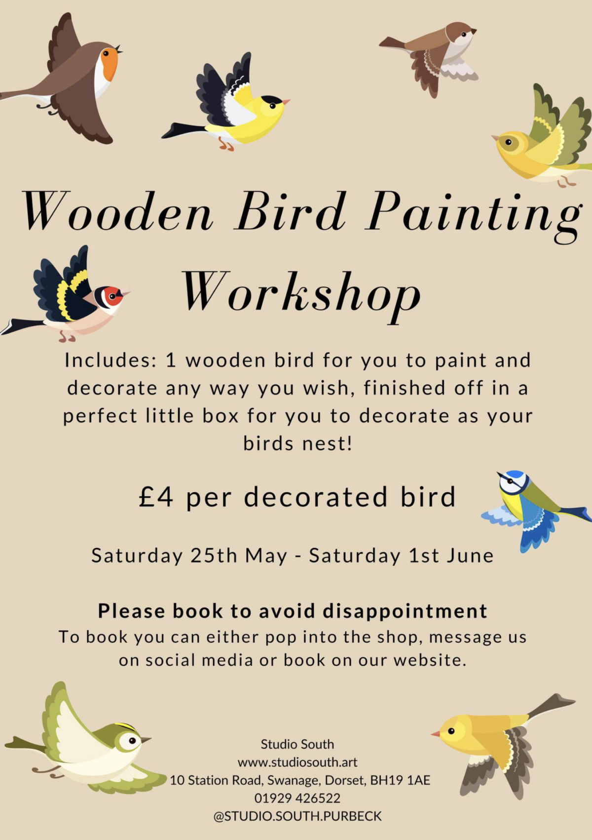 Studio South bird painting workshop poster